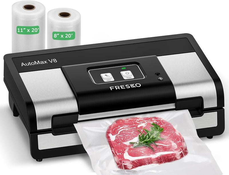 Fresko Fully Automatic Vacuum Sealer, 95Kpa Powerful Food Vacuum Sealer Machine, Auto Dry-Wet Detection | Bag Cutter | 2 Rolls Bags | Effortless Operation, Silver - Black - Image 1